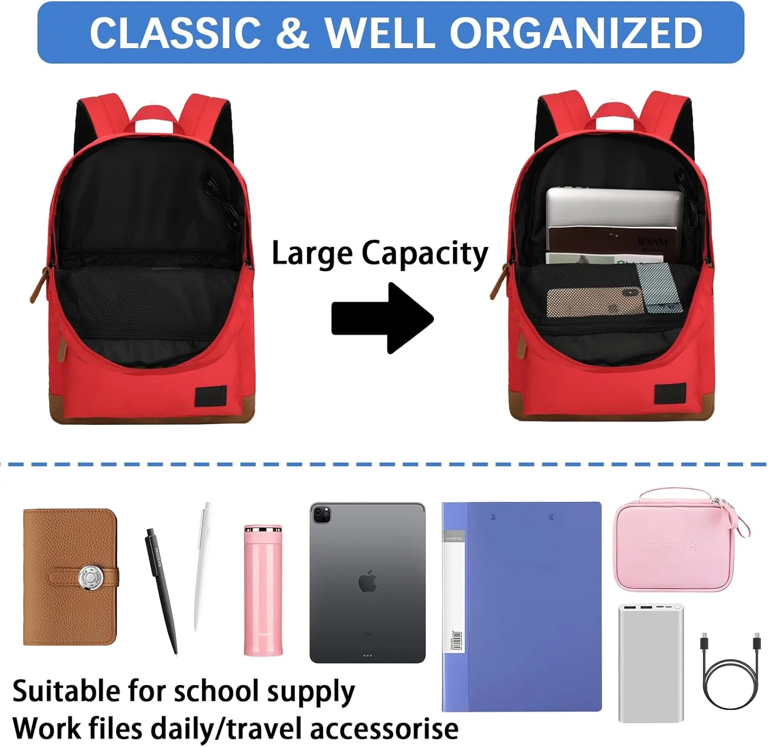 Goloni Classic Backpack with USB Charging Port,Water Resistant Anti-Theft Travel Backpack for Men & Women,Laptop Backpack,Fits 17.3 Inch Laptop,Red