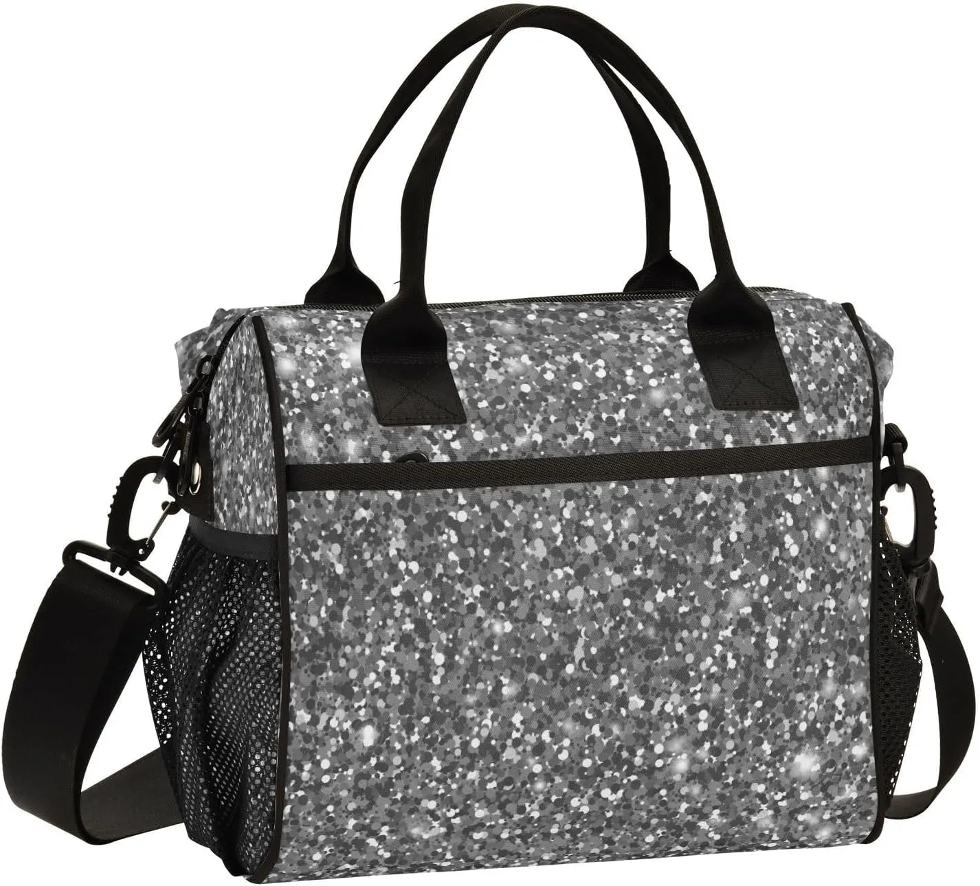 Kcldeci All-purpose Reusable Carrying Bags Lunch Bag Women Men Kids Silver Glitter Grey Shimmer Tinsel Bling Large Insulated Lunch Box for Work Adult