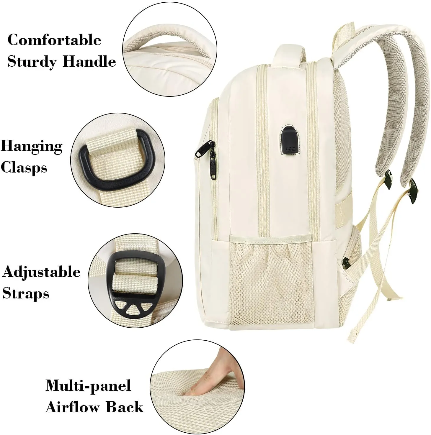 MATEIN Beige Laptop Backpack 15.6 Inch, Lightweight Sturdy Bag for College Supplies with USB Charging Port, Water Resistant Anti Theft Travel Computer Daypack Fashion Work Nurse Bag Gift for Women