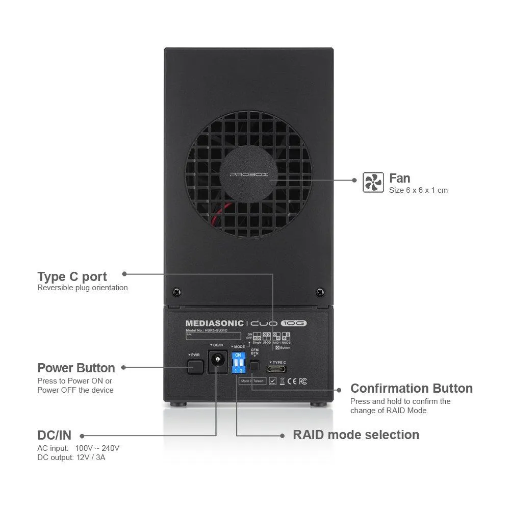 Mediasonic ProRaid USB 3.1 10Gbps 2 Bay 2.5" & 3.5" SATA Hard Drive Enclosure - USB 3.1 Gen 2 10Gbps / USB-C/USB Type C (HUR5-SU31C)