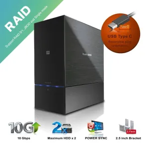 Mediasonic ProRaid USB 3.1 10Gbps 2 Bay 2.5" & 3.5" SATA Hard Drive Enclosure - USB 3.1 Gen 2 10Gbps / USB-C/USB Type C (HUR5-SU31C)
