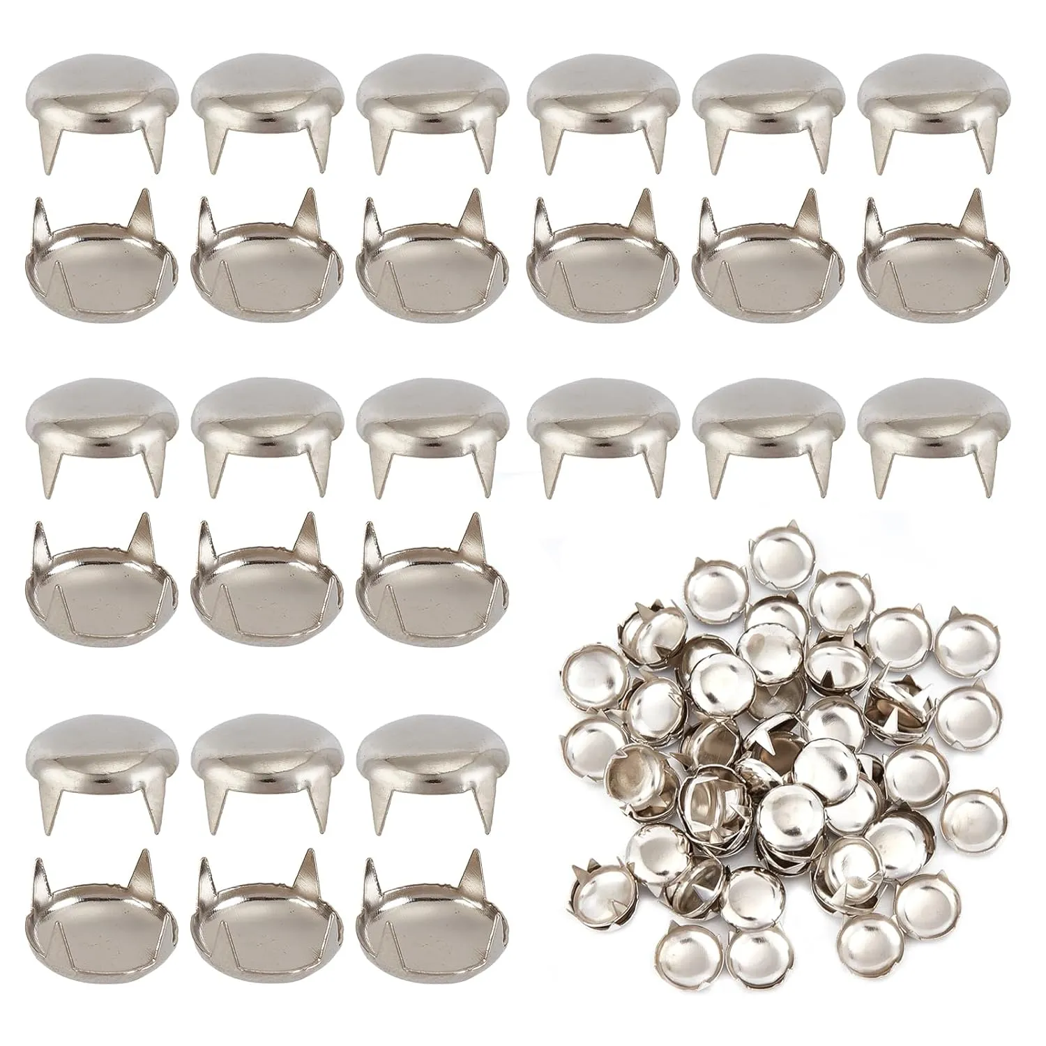 NICENEEDED 250 Pcs Round Dome Rivets, 10 mm Claw Nailheads Spots Stud, Silver Head Spike Prong Nail Punk Rock Nailheads Claw Beads for DIY Clothes Belt Bag Shoes Bracelet Leather Craft