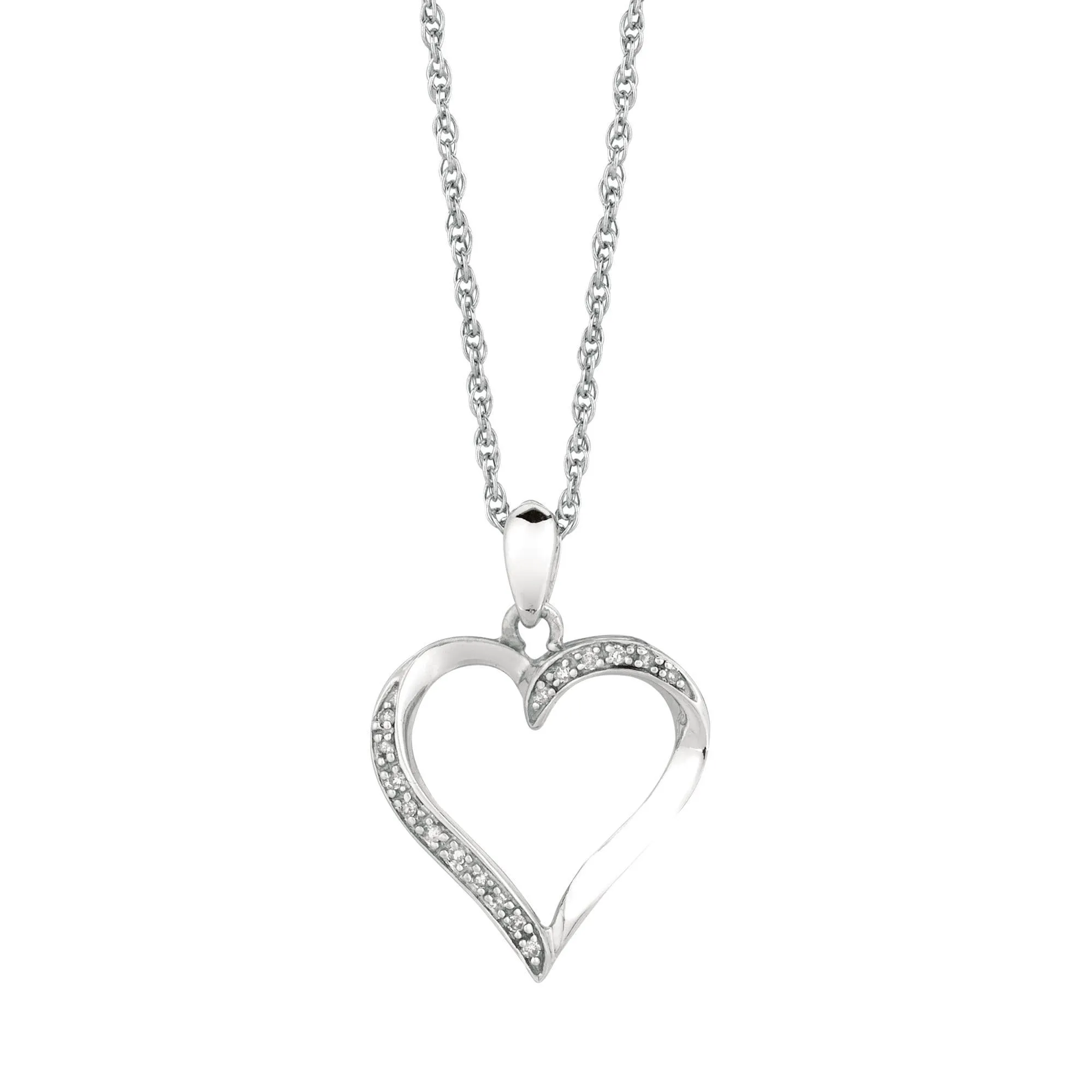 Silver 18 inches Rhodium Finish Shiny 1.1mm Cable Chain with Lobster Clasp 0.05Ct Diamond Fancy Open Heart Pendant