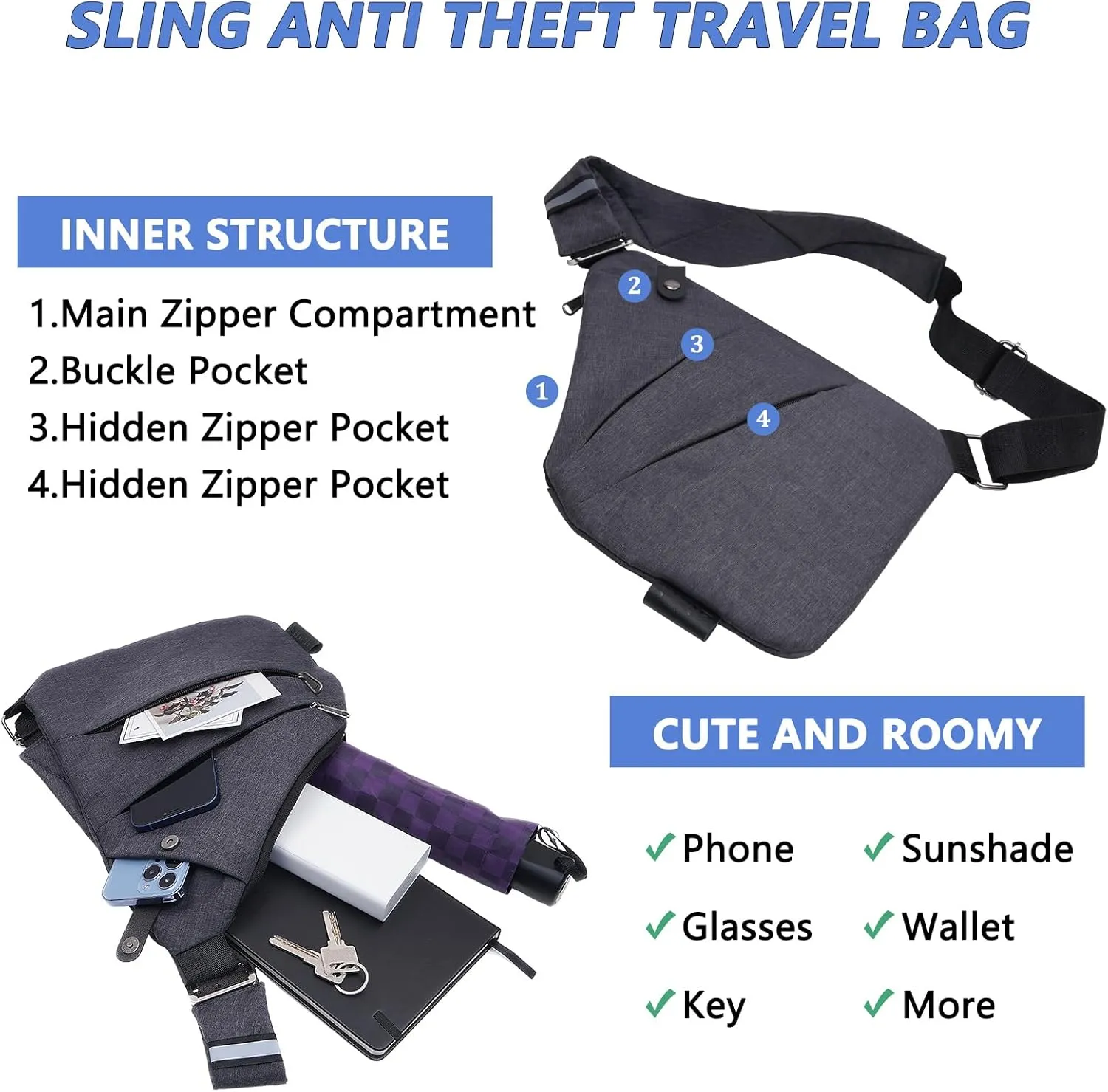 Sling Bag for Women Men, Anti Theft Travel Bag Crossbody Bags for Women Men Flex Bag for Outdoor Sport Casual Hiking Running