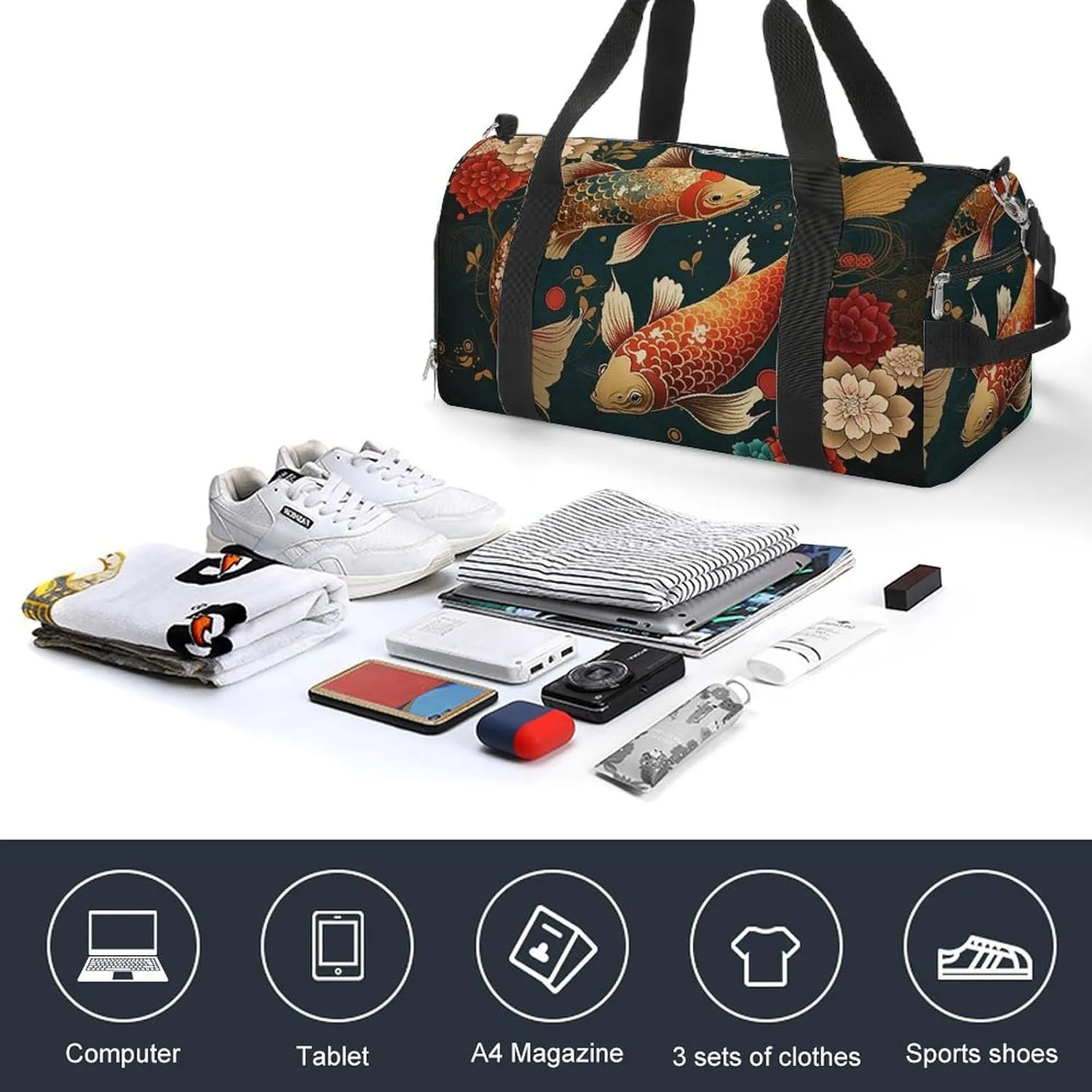 Sport Gym Duffel with Shoe Compartment Wet Pocket, Koi-fish-texture Shoulder Travel Bag for Women Men