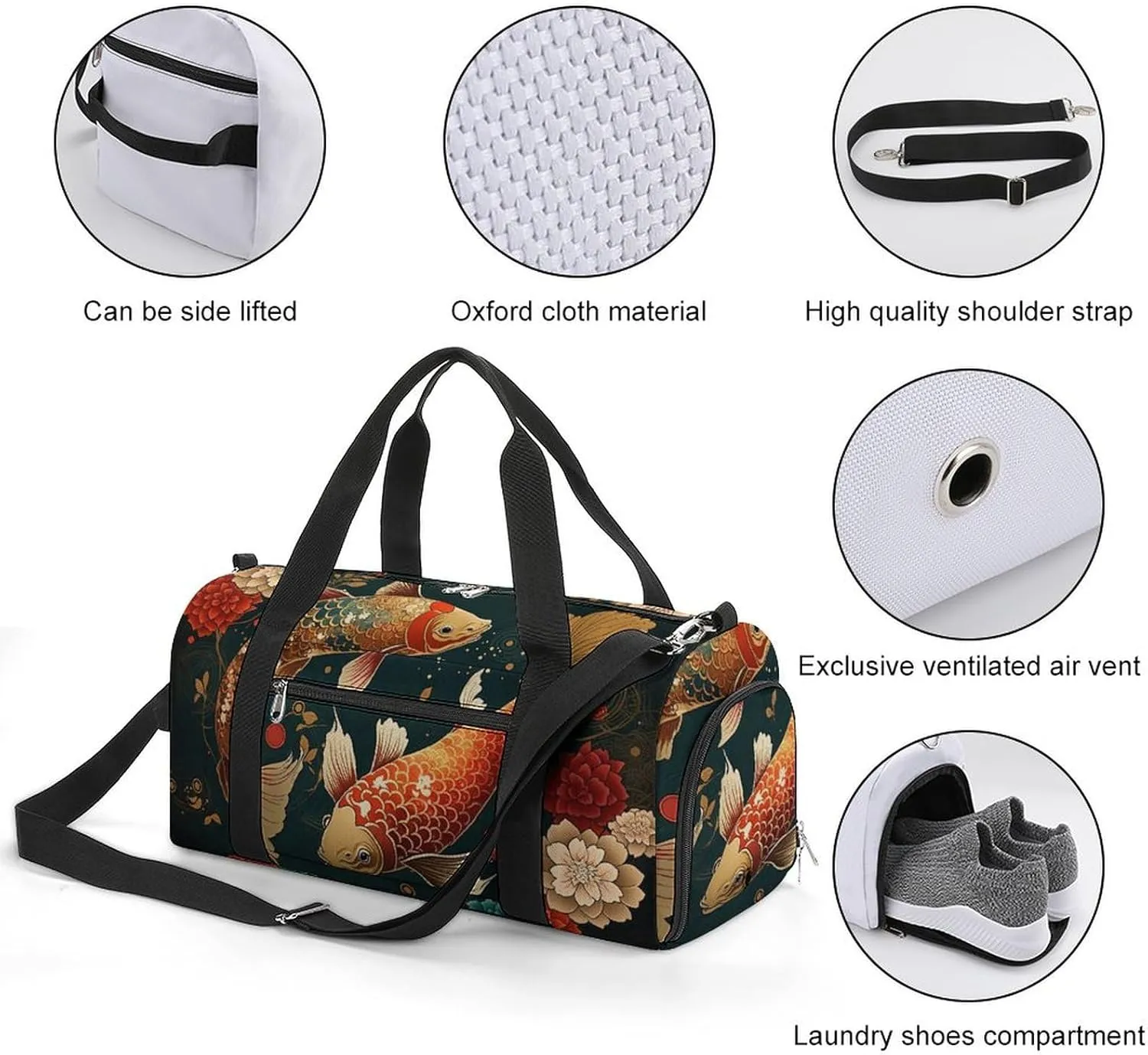 Sport Gym Duffel with Shoe Compartment Wet Pocket, Koi-fish-texture Shoulder Travel Bag for Women Men