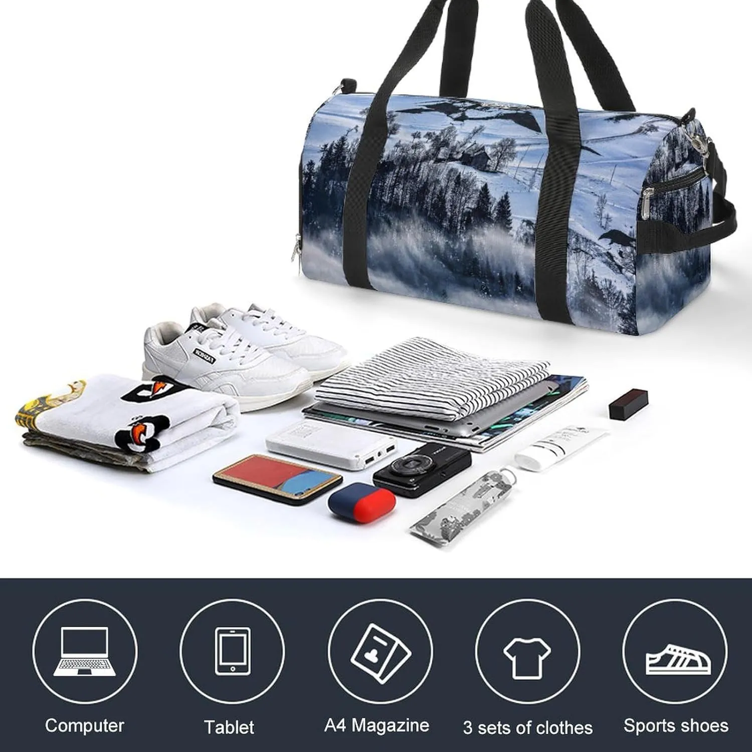 Sport Gym Duffel with Shoe Compartment Wet Pocket, Mountain-with-snow-fog Shoulder Travel Bag for Women Men