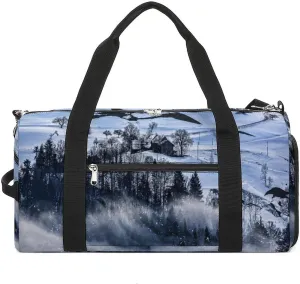 Sport Gym Duffel with Shoe Compartment Wet Pocket, Mountain-with-snow-fog Shoulder Travel Bag for Women Men