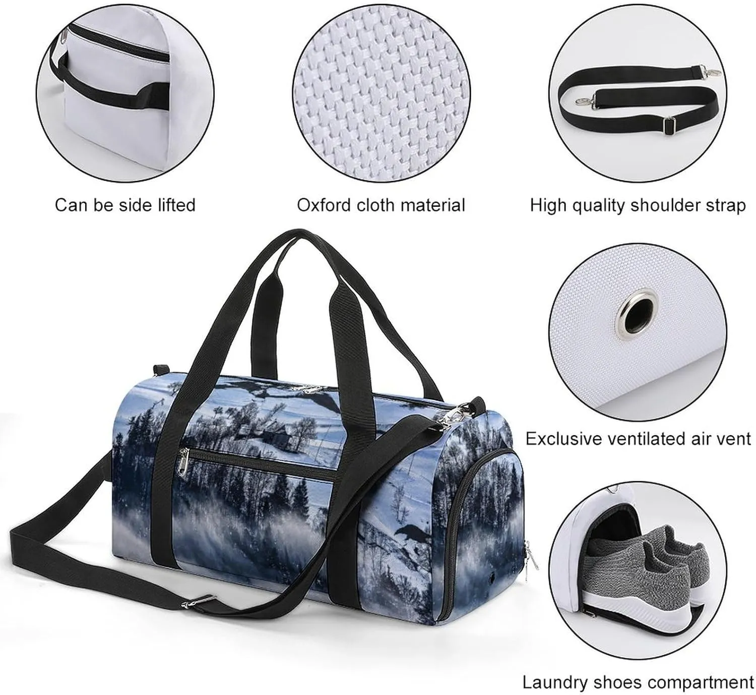 Sport Gym Duffel with Shoe Compartment Wet Pocket, Mountain-with-snow-fog Shoulder Travel Bag for Women Men