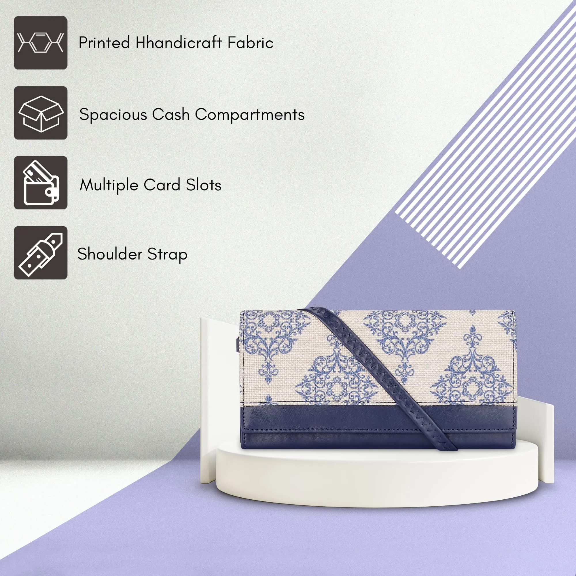 THE CLOWNFISH Erika Printed Handicraft Fabric & Vegan Leather Ladies Wallet Purse Sling Bag with Multiple Card Slots & Shoulder Belt (Off White)