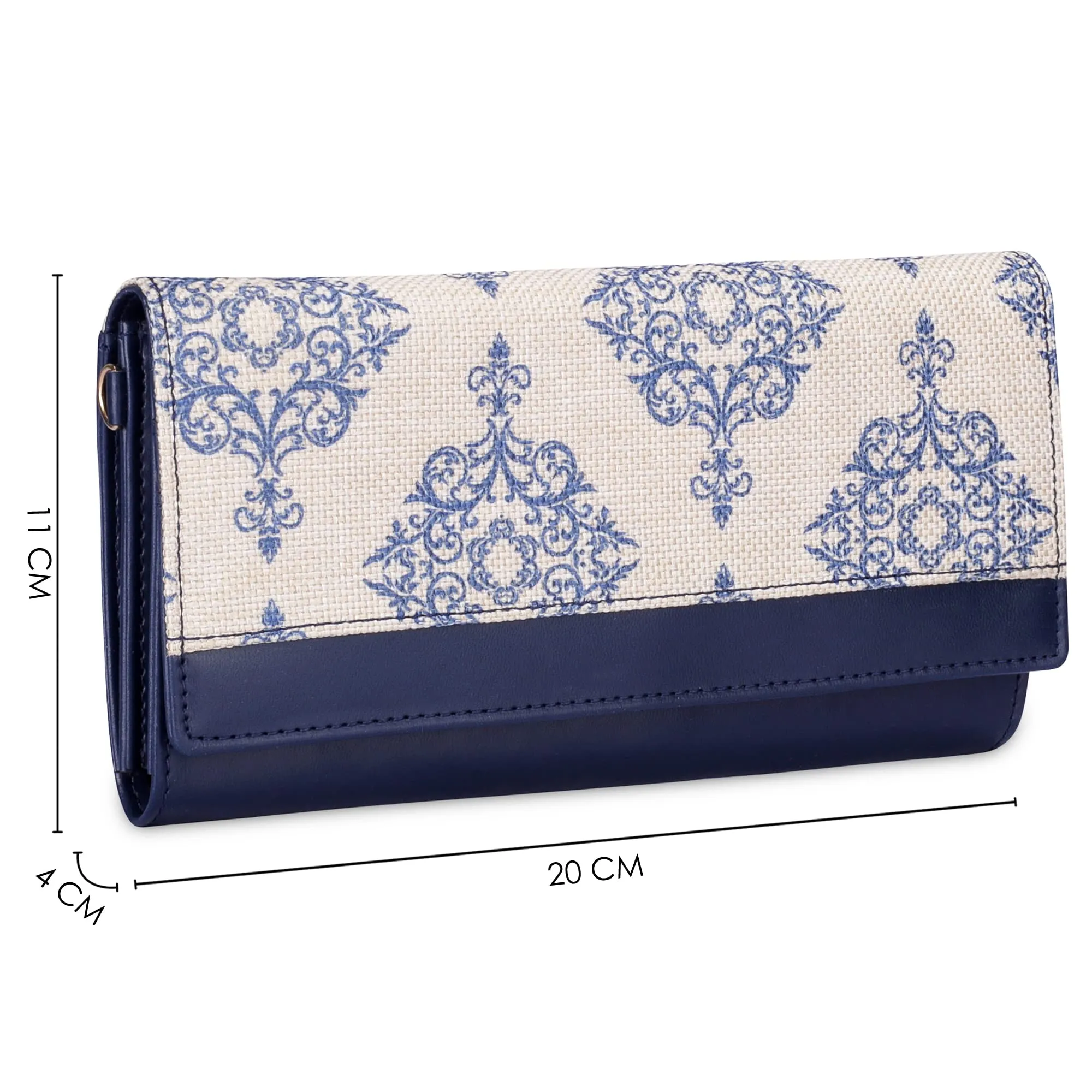 THE CLOWNFISH Erika Printed Handicraft Fabric & Vegan Leather Ladies Wallet Purse Sling Bag with Multiple Card Slots & Shoulder Belt (Off White)