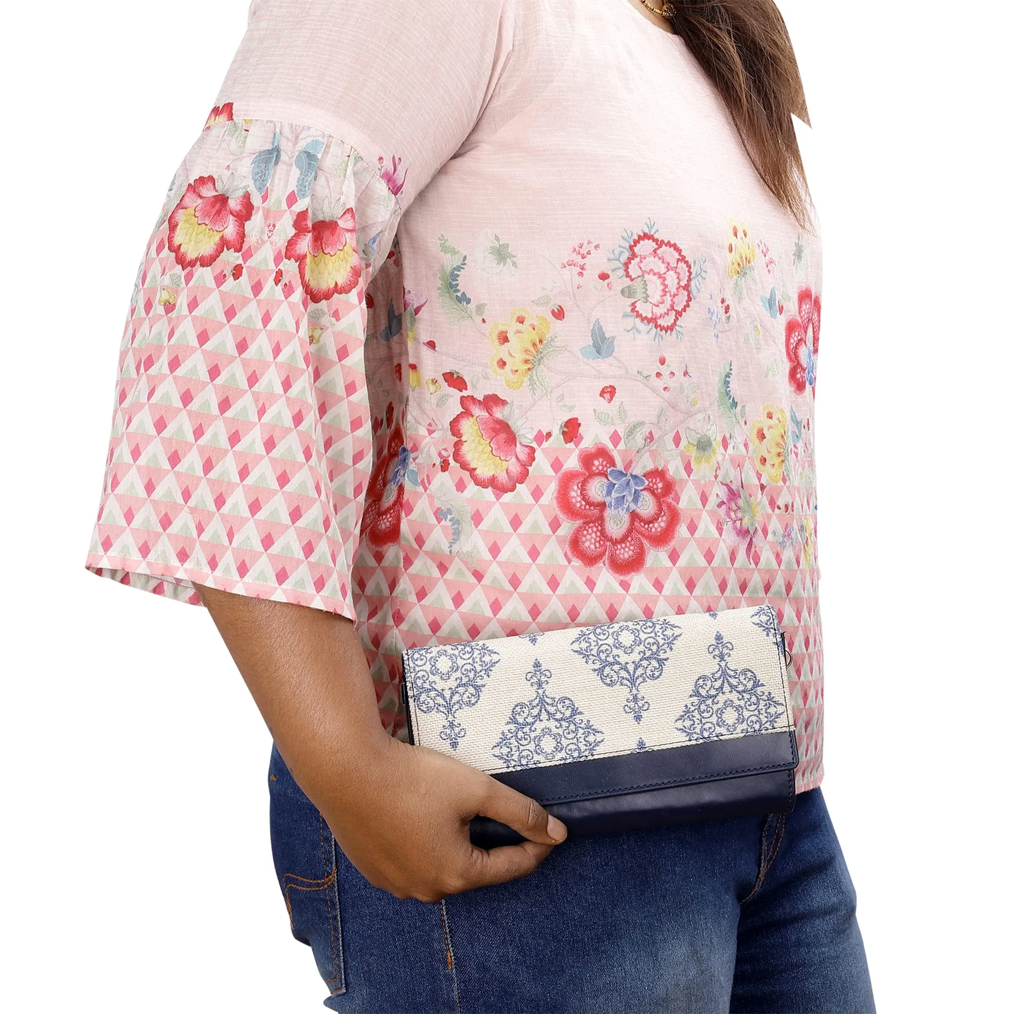 THE CLOWNFISH Erika Printed Handicraft Fabric & Vegan Leather Ladies Wallet Purse Sling Bag with Multiple Card Slots & Shoulder Belt (Off White)