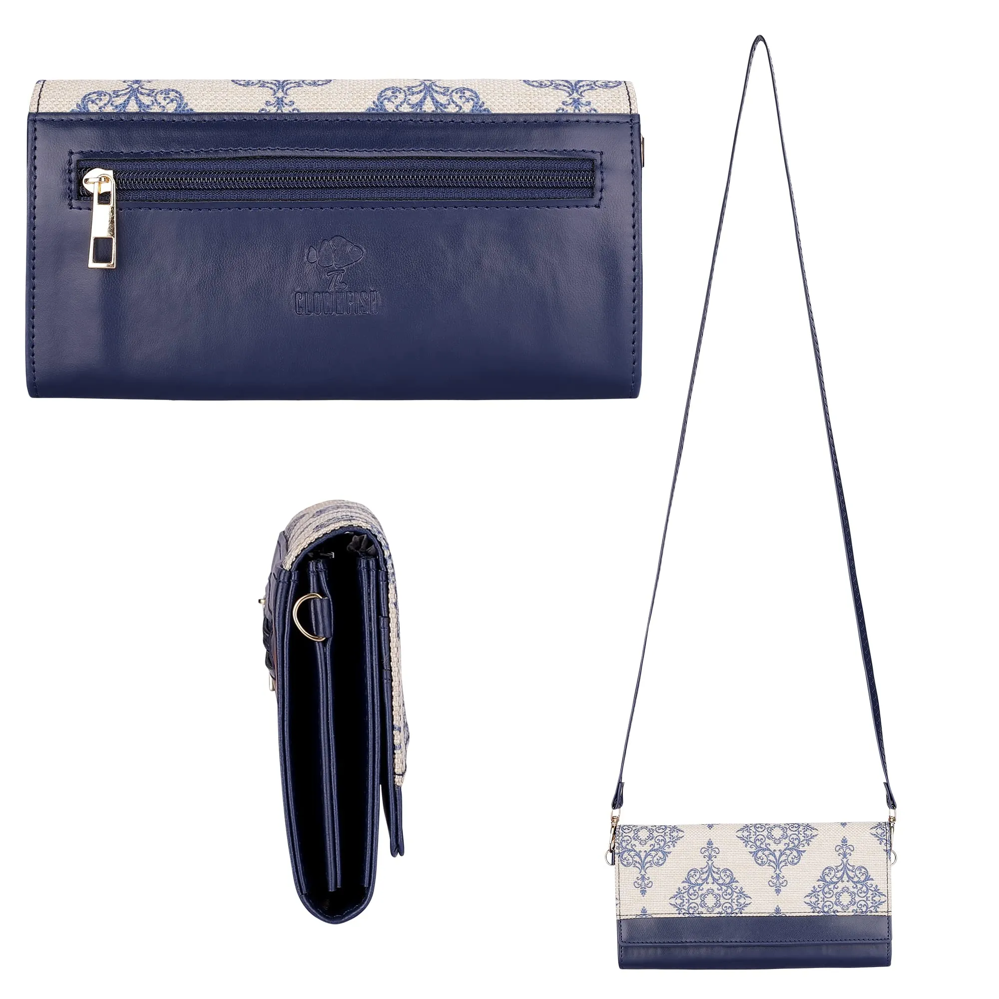 THE CLOWNFISH Erika Printed Handicraft Fabric & Vegan Leather Ladies Wallet Purse Sling Bag with Multiple Card Slots & Shoulder Belt (Off White)