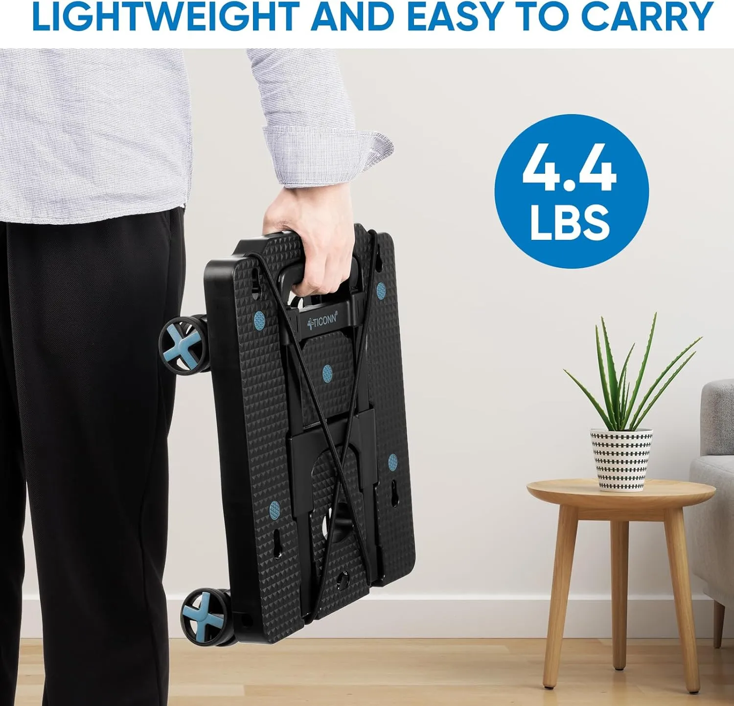 TICONN Folding Portable Dolly Cart, Black, 4-Wheel, 110 lbs Capacity, Adjustable Handle, Silent Wheels