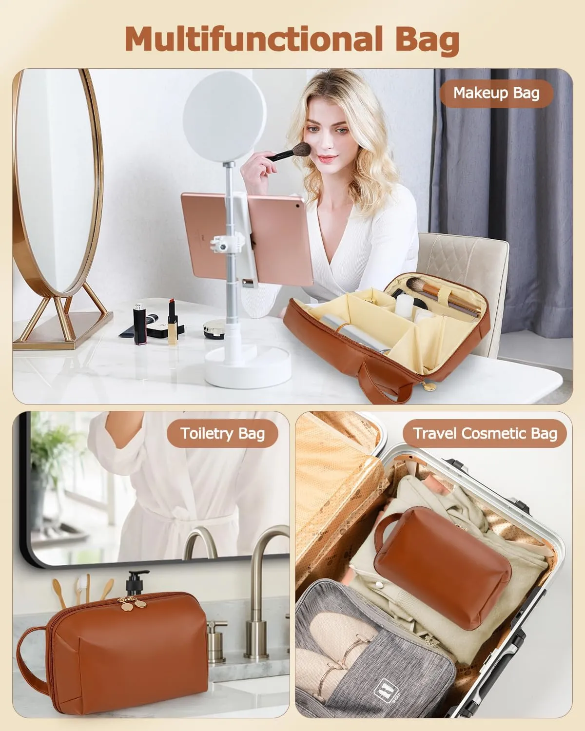 Travel Makeup Bag Gift for Women, Soft PU Leather Cosmetic Bags, Waterproof Toiletry Bag, Portable Wide Open Pouch, Travel Cosmetic Bag with Divider and Handle, Medium, Brown