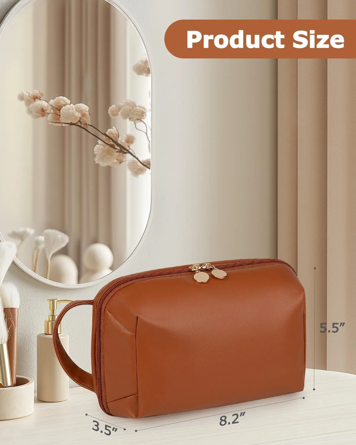 Travel Makeup Bag Gift for Women, Soft PU Leather Cosmetic Bags, Waterproof Toiletry Bag, Portable Wide Open Pouch, Travel Cosmetic Bag with Divider and Handle, Medium, Brown