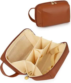 Travel Makeup Bag Gift for Women, Soft PU Leather Cosmetic Bags, Waterproof Toiletry Bag, Portable Wide Open Pouch, Travel Cosmetic Bag with Divider and Handle, Medium, Brown