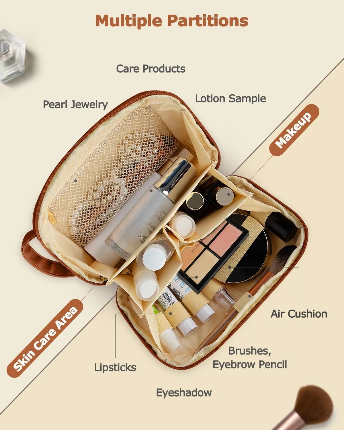Travel Makeup Bag Gift for Women, Soft PU Leather Cosmetic Bags, Waterproof Toiletry Bag, Portable Wide Open Pouch, Travel Cosmetic Bag with Divider and Handle, Medium, Brown
