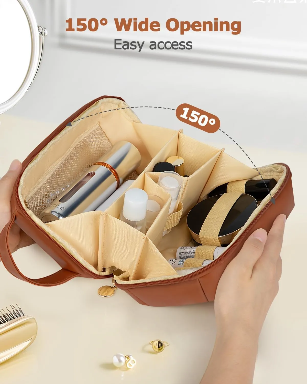 Travel Makeup Bag Gift for Women, Soft PU Leather Cosmetic Bags, Waterproof Toiletry Bag, Portable Wide Open Pouch, Travel Cosmetic Bag with Divider and Handle, Medium, Brown