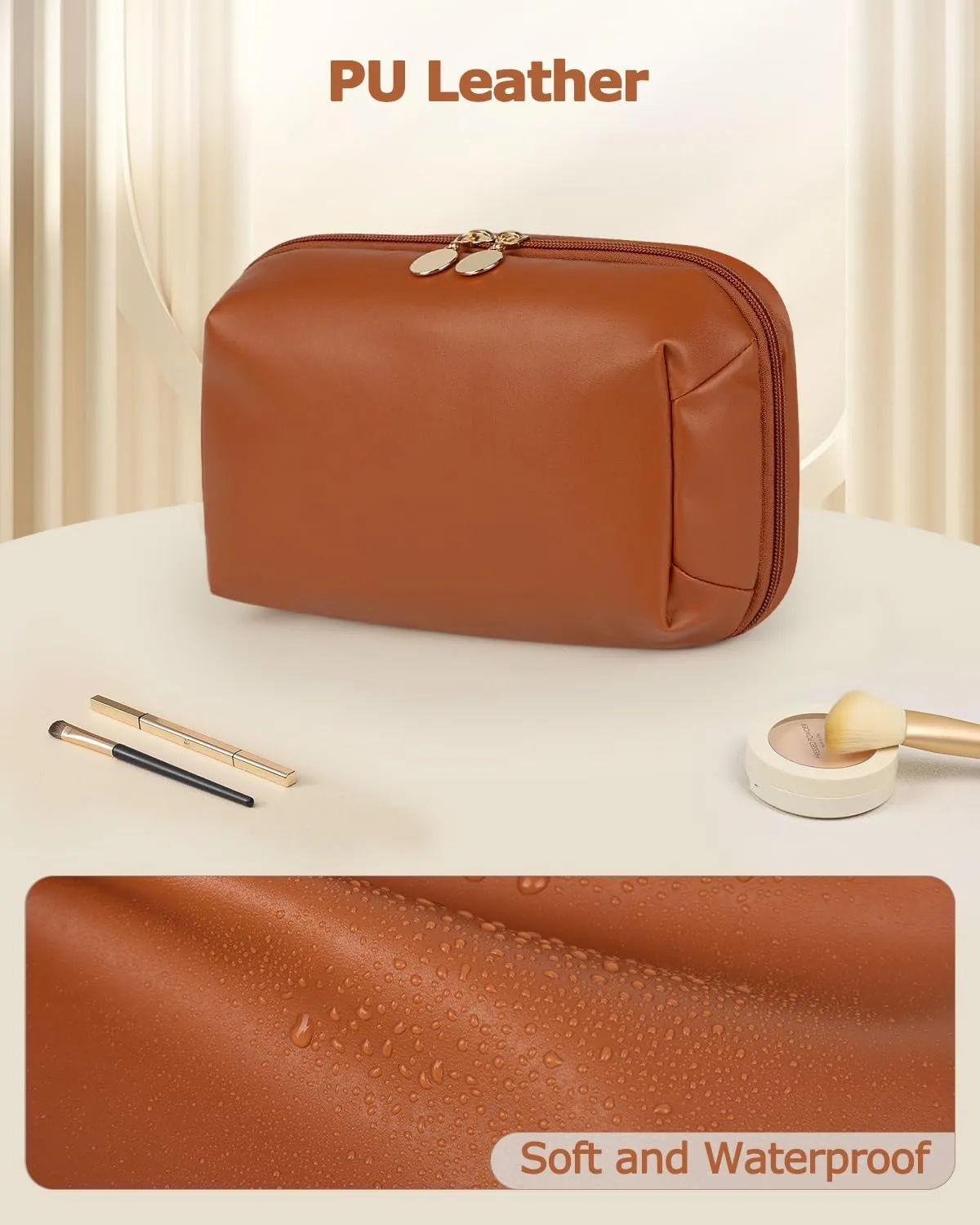 Travel Makeup Bag Gift for Women, Soft PU Leather Cosmetic Bags, Waterproof Toiletry Bag, Portable Wide Open Pouch, Travel Cosmetic Bag with Divider and Handle, Medium, Brown