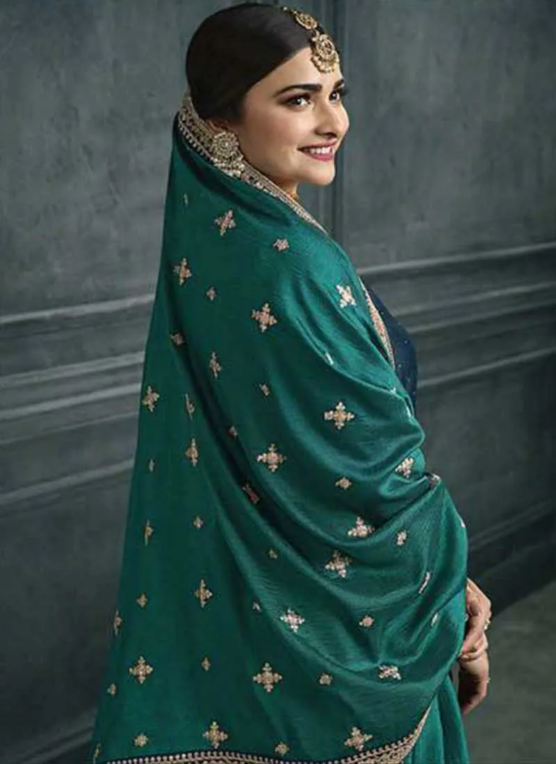 Turquoise And Green Embroidery Festive Palazzo Suit