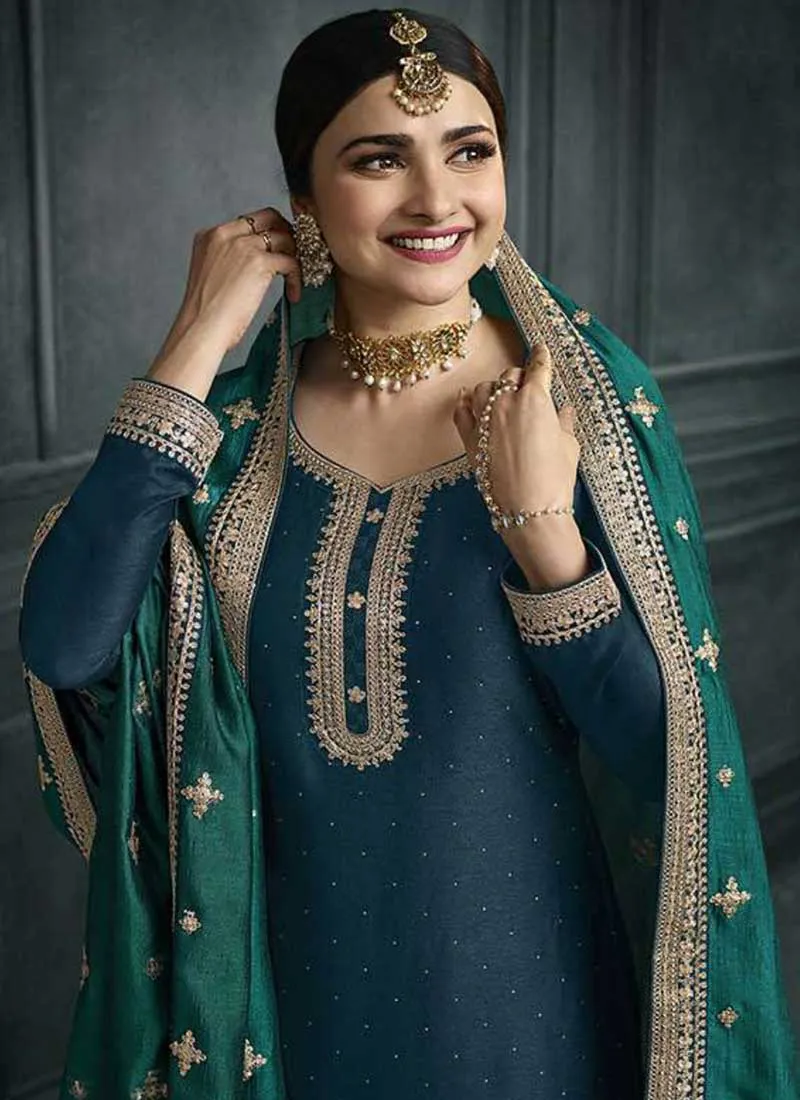 Turquoise And Green Embroidery Festive Palazzo Suit