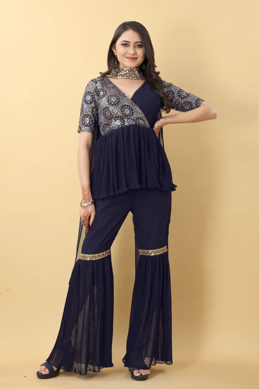 Unique Navy Blue Color Work With Pleated Sharara Set