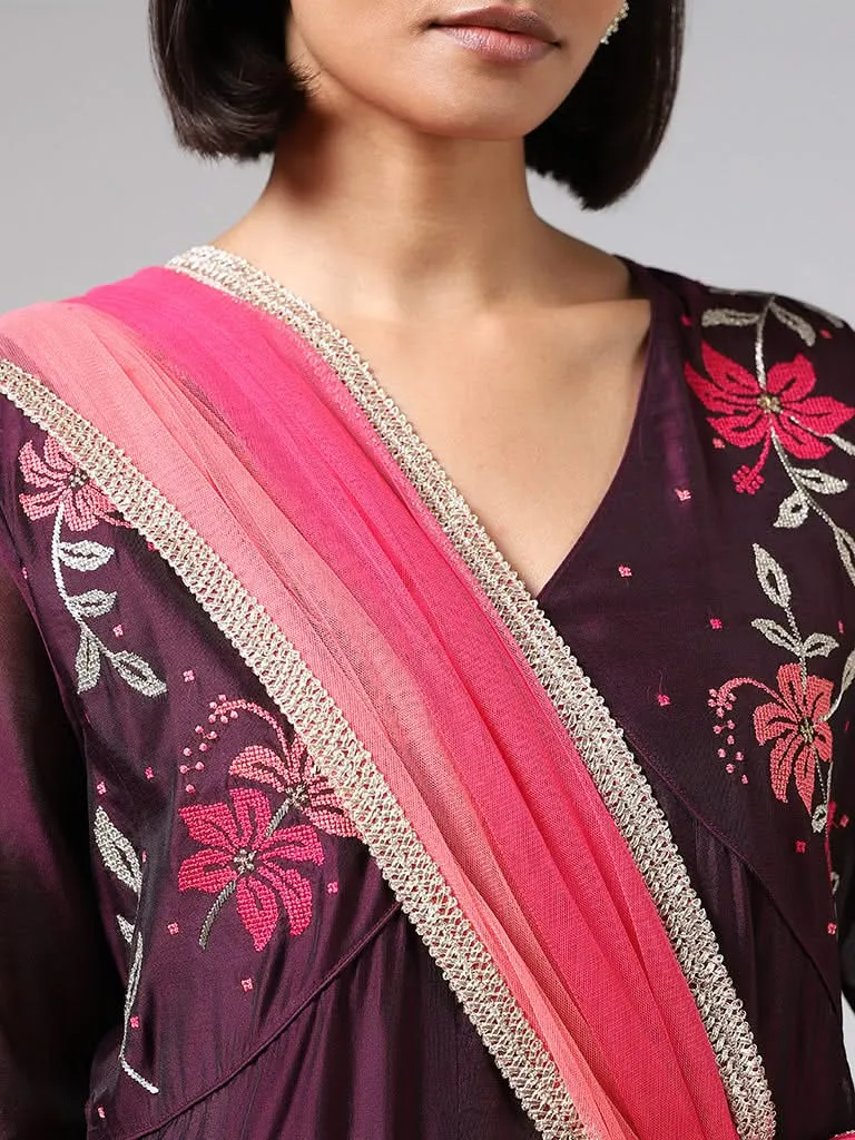 Vark Purple Floral Embroidered Kurta, Pants & Dupatta Set