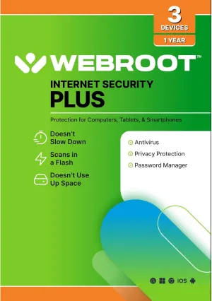 Webroot Internet Security Plus | Antivirus Software 2025 | 3 Device | 1 Year Keycard for PC/Mac/Chromebook/Android/IOS   Password Manager | Packaged Version